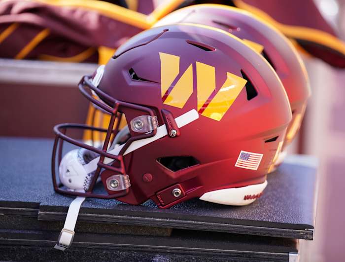 Aug 20, 2022; Kansas City, Missouri, USA; A general view of Washington Commanders helmets against the Kansas City Chiefs during the game at GEHA Field at Arrowhead Stadium. Mandatory Credit: Denny Medley-USA TODAY Sports